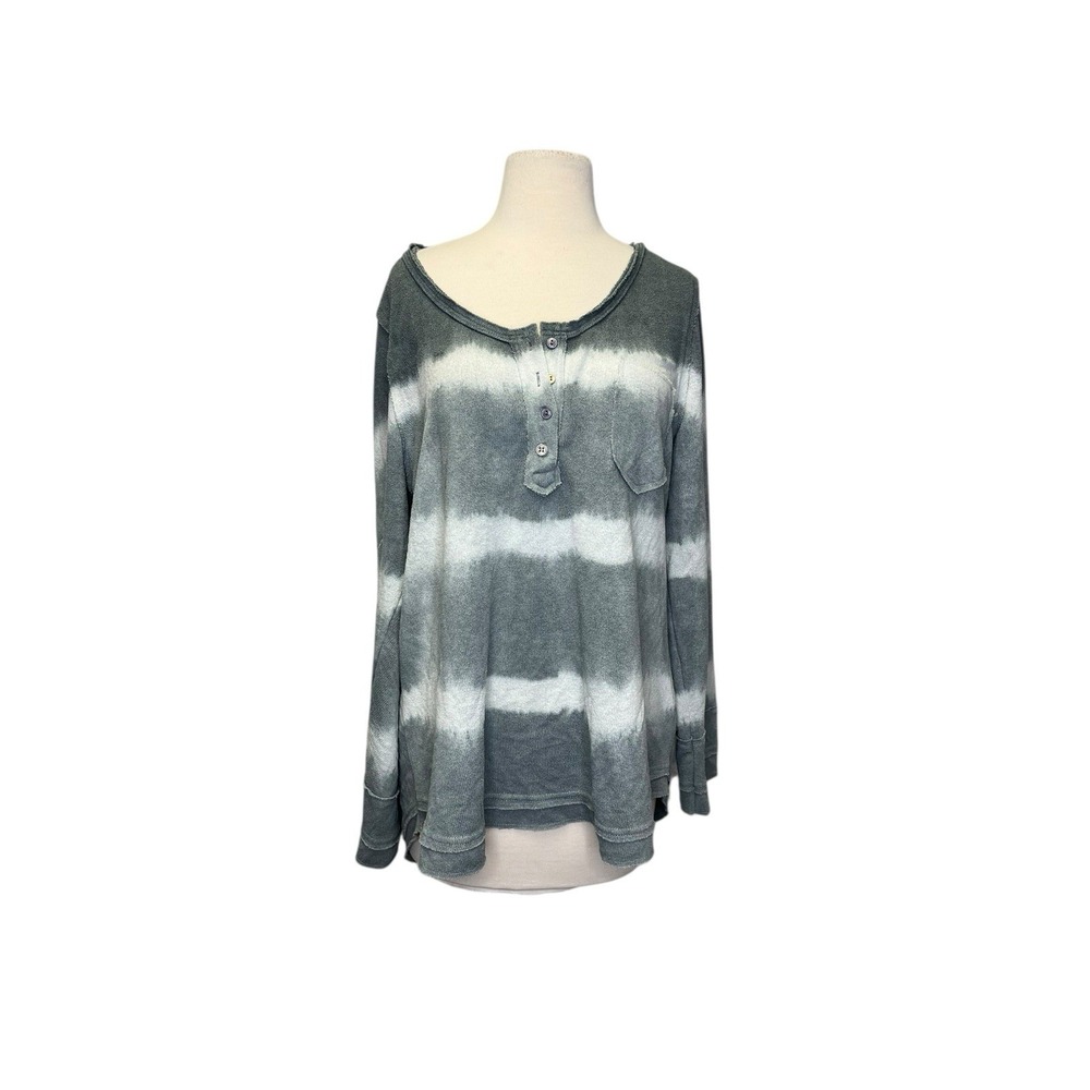 Pol Tie Dye Ombre Henley Pull Over Top Medium Blue‎ Gray Lagenlook Cotton